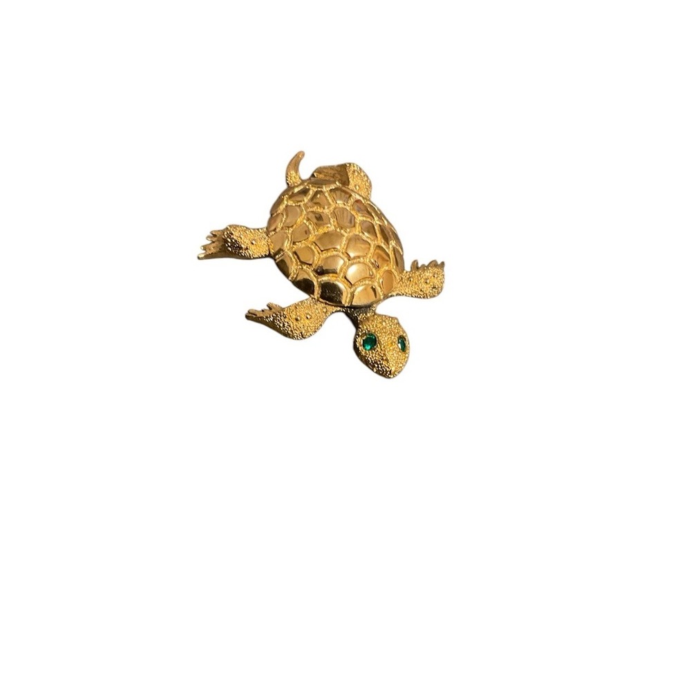 Vintage Signed Monet Turtle Green Rhinestone Gold Tone Brooch Lapel Pin